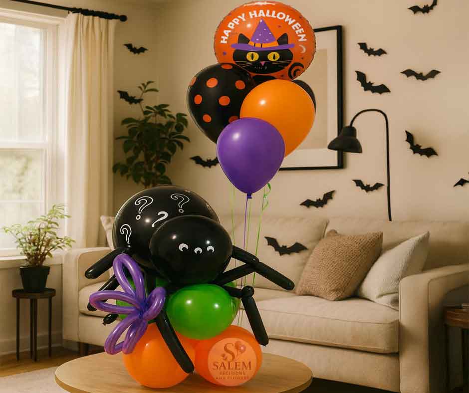 Halloween-themed balloon arrangement with spider and cat designs on a table in a living room. Balloon delivery Oregon.